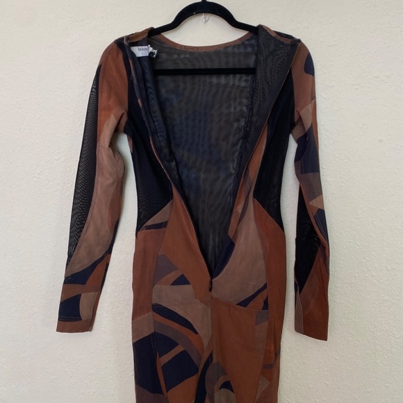 House of CB 'Cassidy' Brown Mesh‎ Printed Long Sleeve Midi Dress NWOT size S - Picture 9 of 13